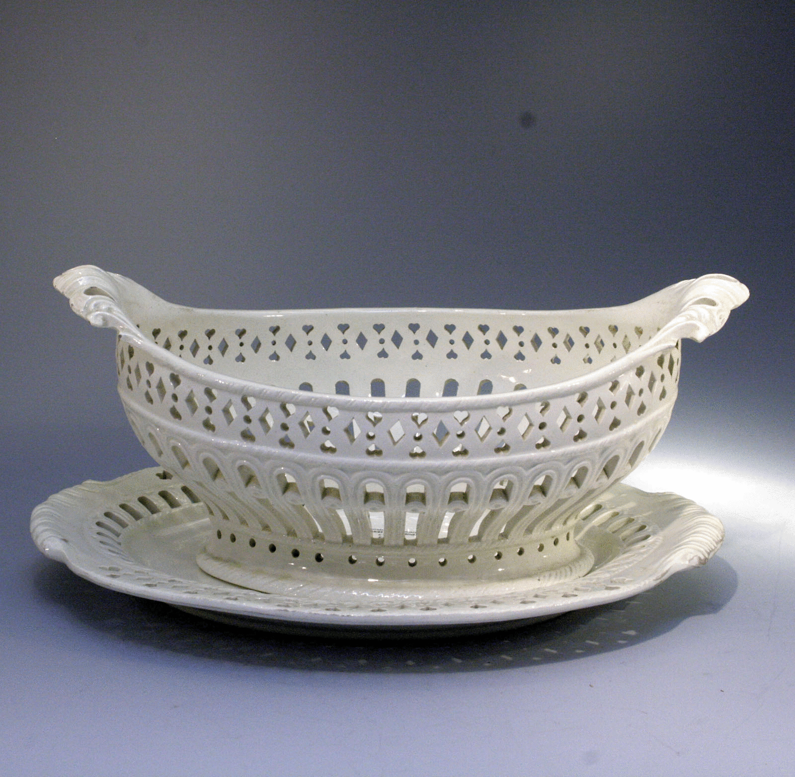 Antique English pottery plain undecorated creamware basket and stand c1780