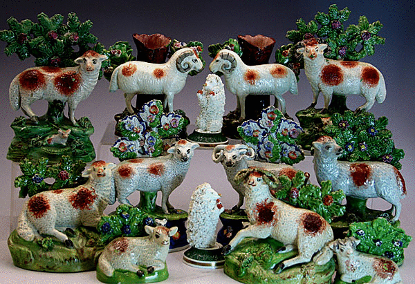 ANTIQUE STAFFORDSHIRE POTTERY COLLECTION OF PEARLWARE SHEEP FIGURES