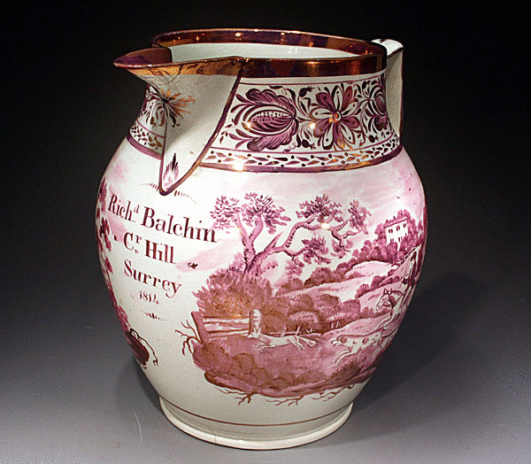 PINK LUSTRE POTTERY PITCHER DATED 1814 ENGLISH