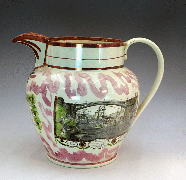 Sunderland pottery pink luster pitcher with the Bridge over the Wear
