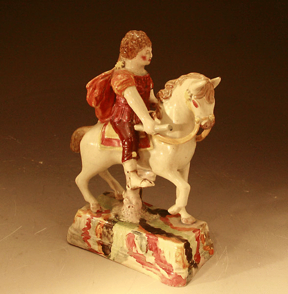 STAFFORDSHIRE POTTERY PEARWARE EQUESTRIAN FIGURE