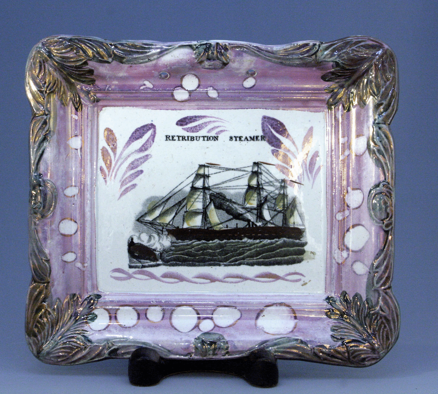 SUNDERLAND PINK LUSTER POTTERY PLAQUE OF RETRIBUTION STEAMER