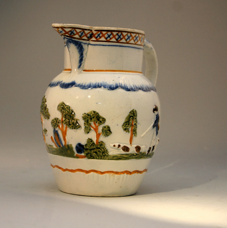 Prattware relief moulded pitcher circa 1810