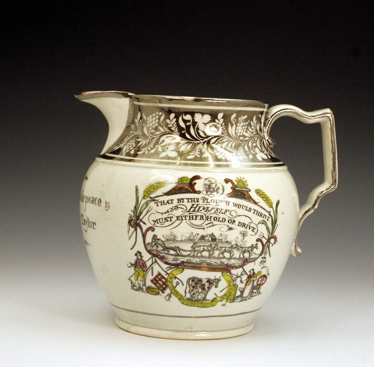 SILVER LUSTRE PITCHER  FARMERS ARMS  and NAMED.