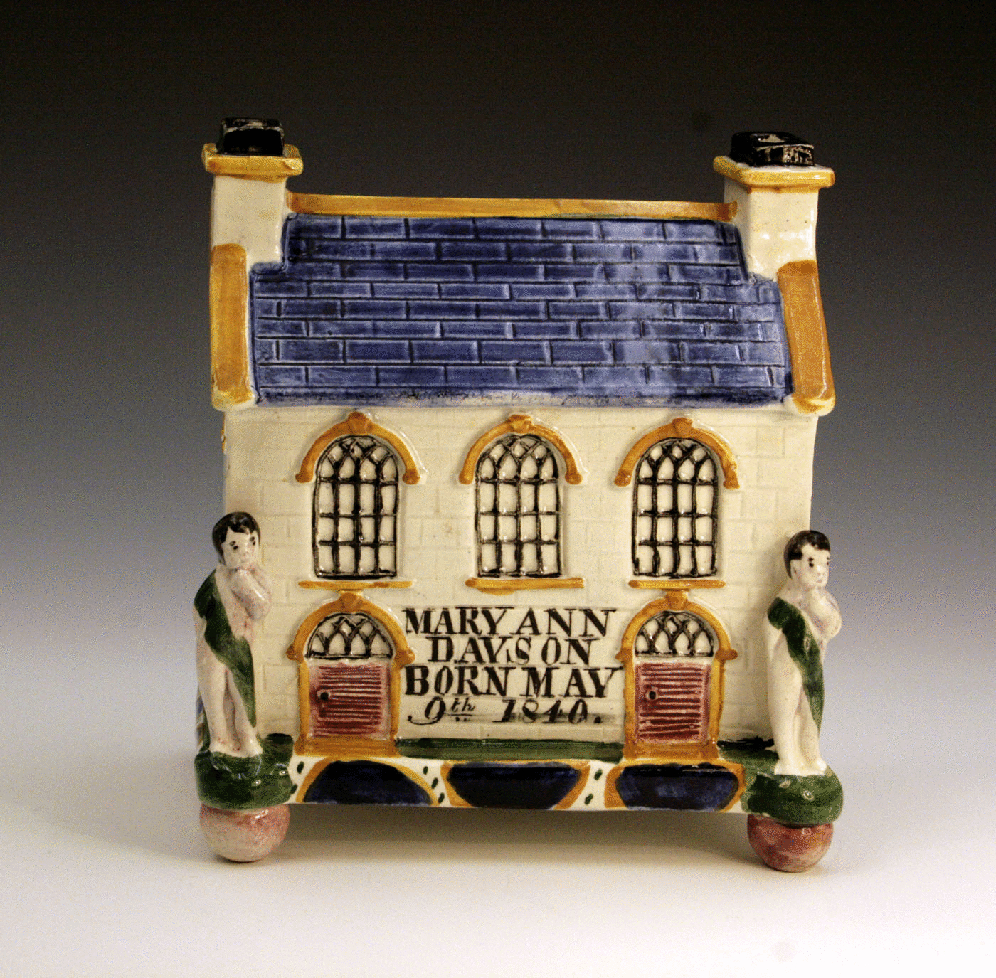 ANTIQUE YORKSHIRE POTTERY CHAPEL MONEY BOX DATED 1840