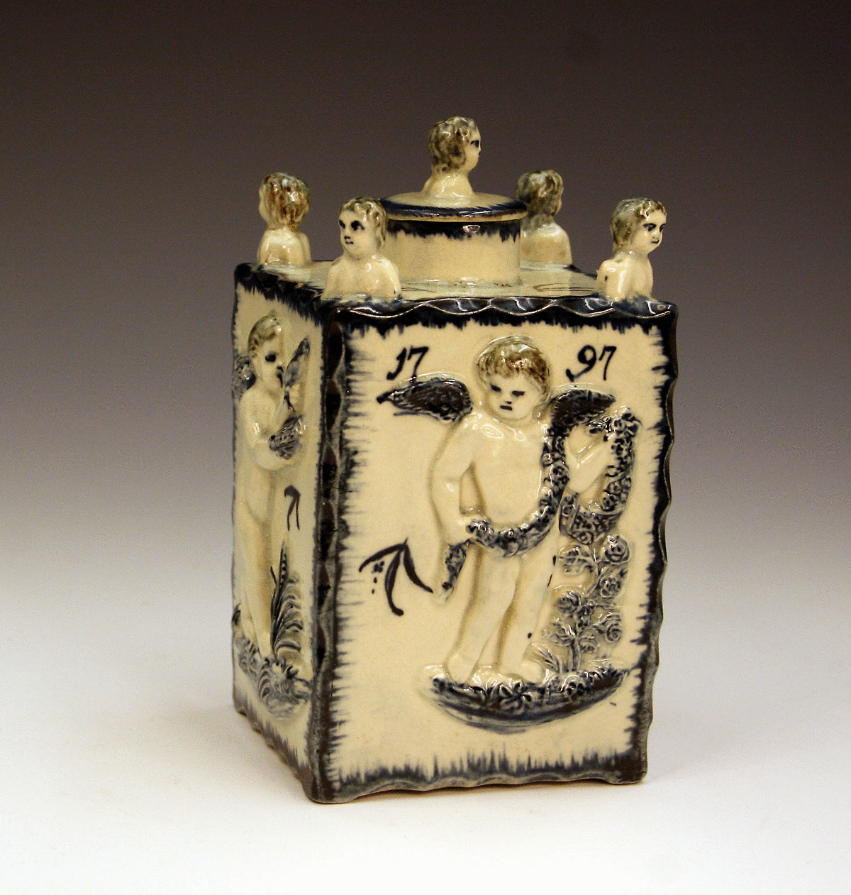 Bovey Tracey Pottery Tea caddy with lid dated 1797