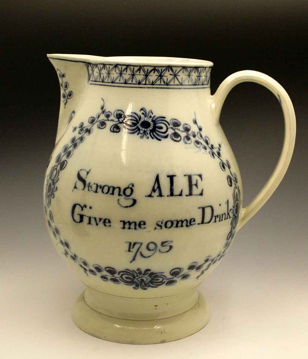 Large underglaze blue painted earthenware pitcher dated 1793