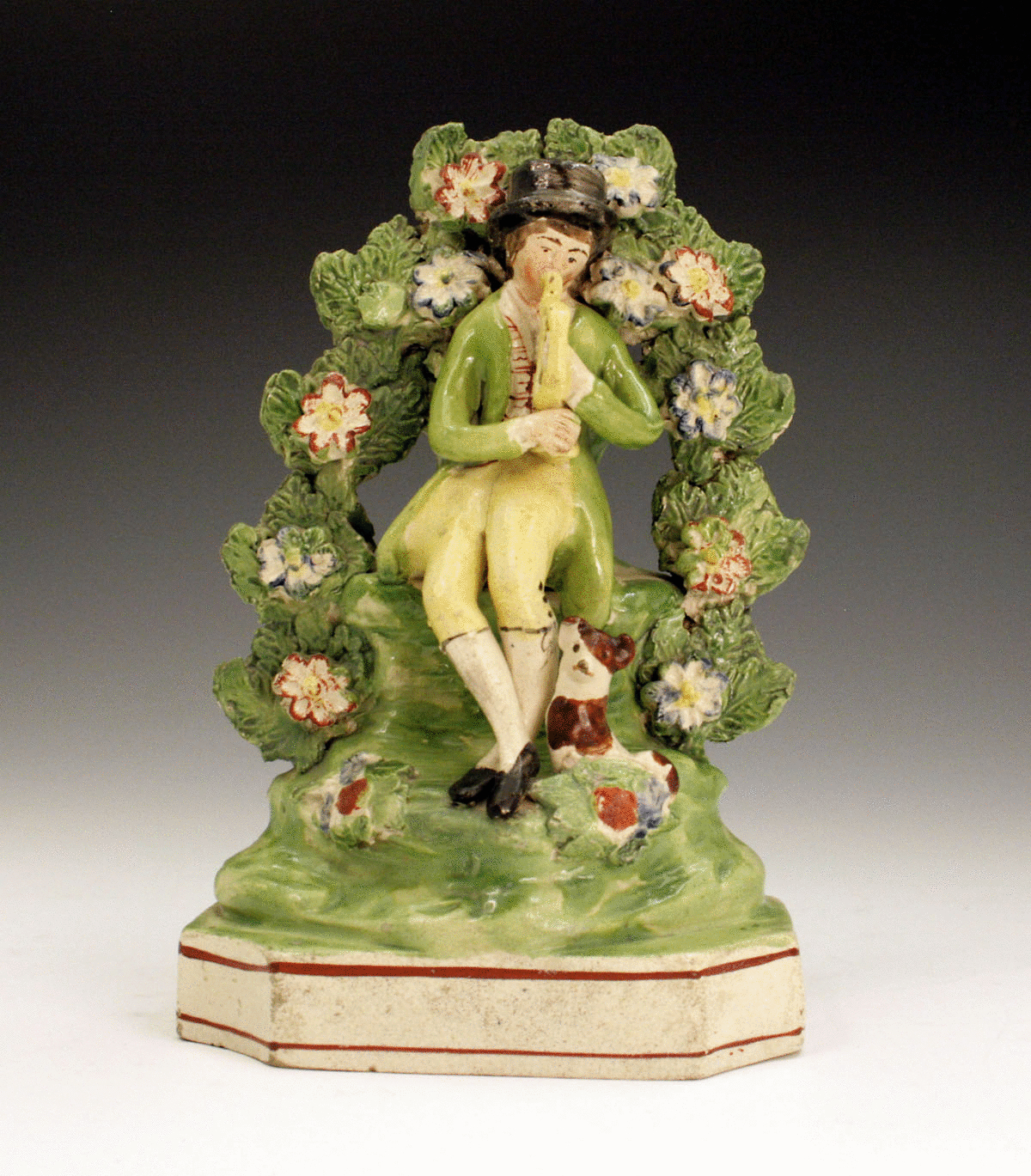 STAFFORDSHIRE FIGURE PEARLWARE POTTERY MUSICIAN WITH DOG