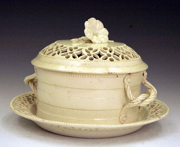 ANTIQUE PLAIN CREAMWARE BUTTER TUB WITH COVER AND STAND