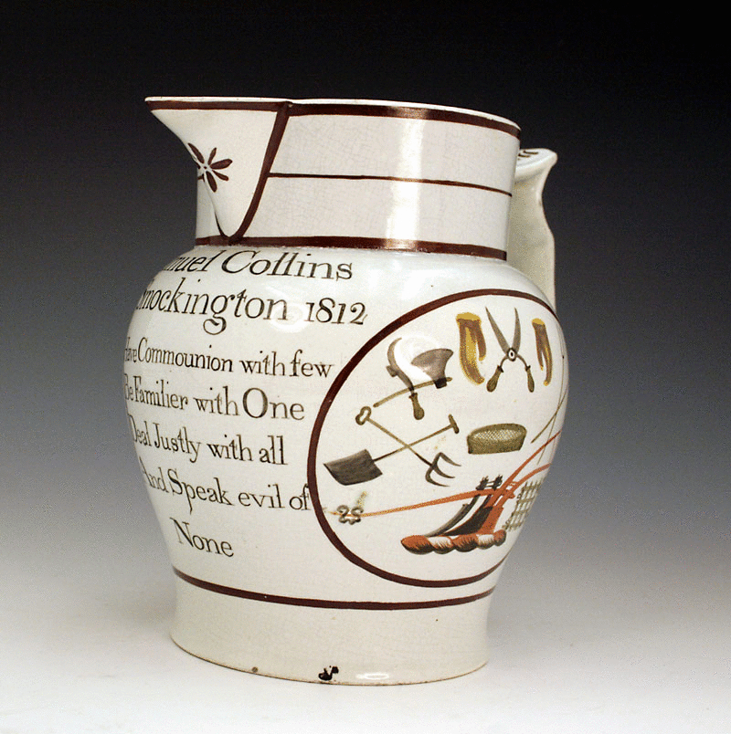 Antique Farmers jug with agricultural motifs named Samuel Collins