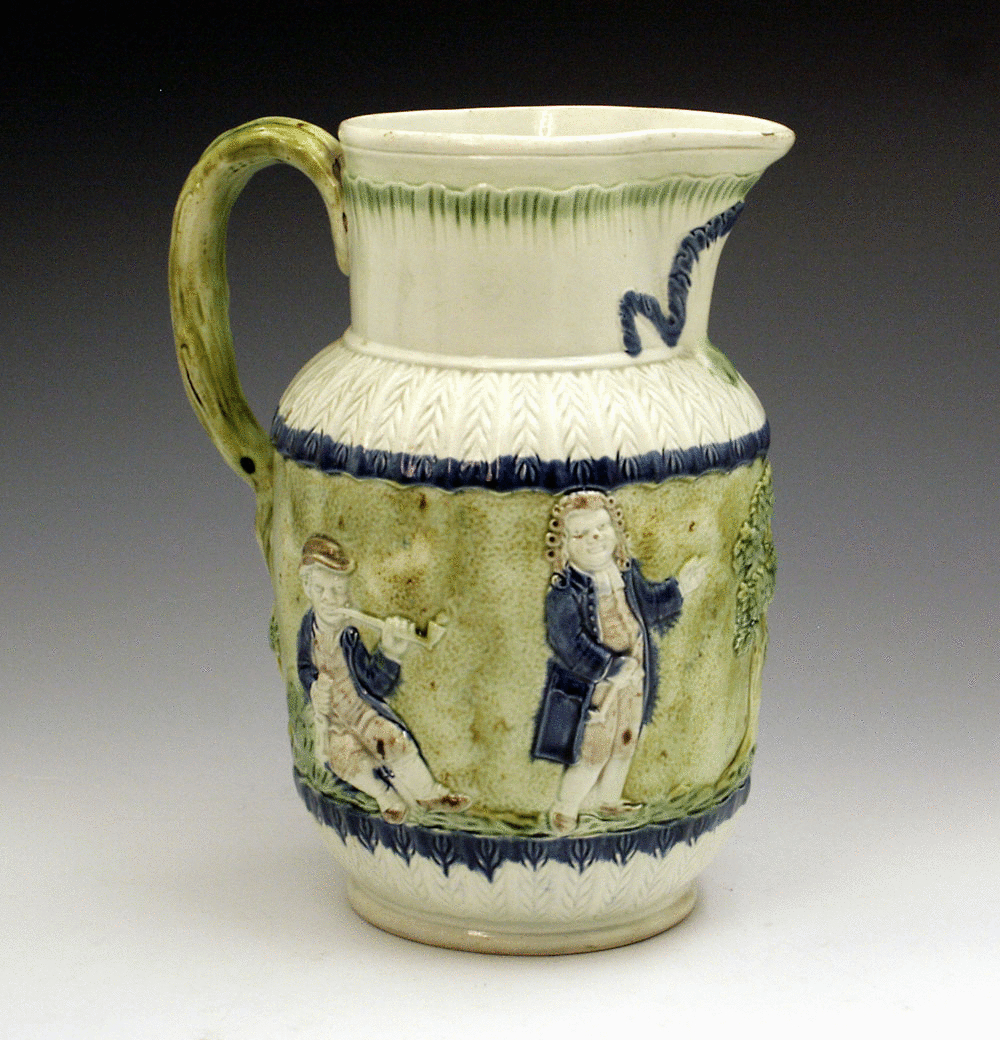 Prattware relief moulded pottery pitcher circa 1790