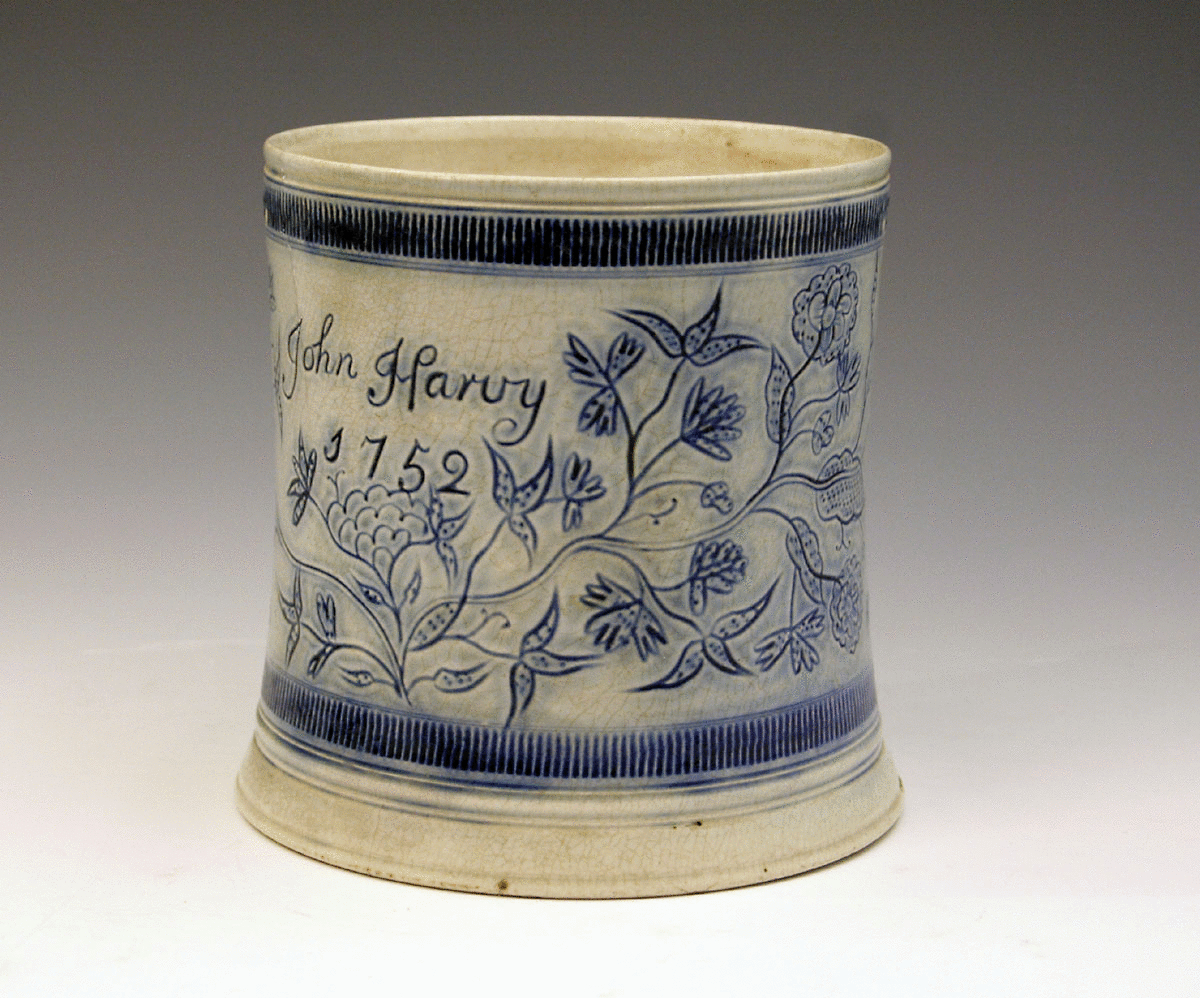  Scratch-Blue  decorated saltglaze tankard dated 1752 named 