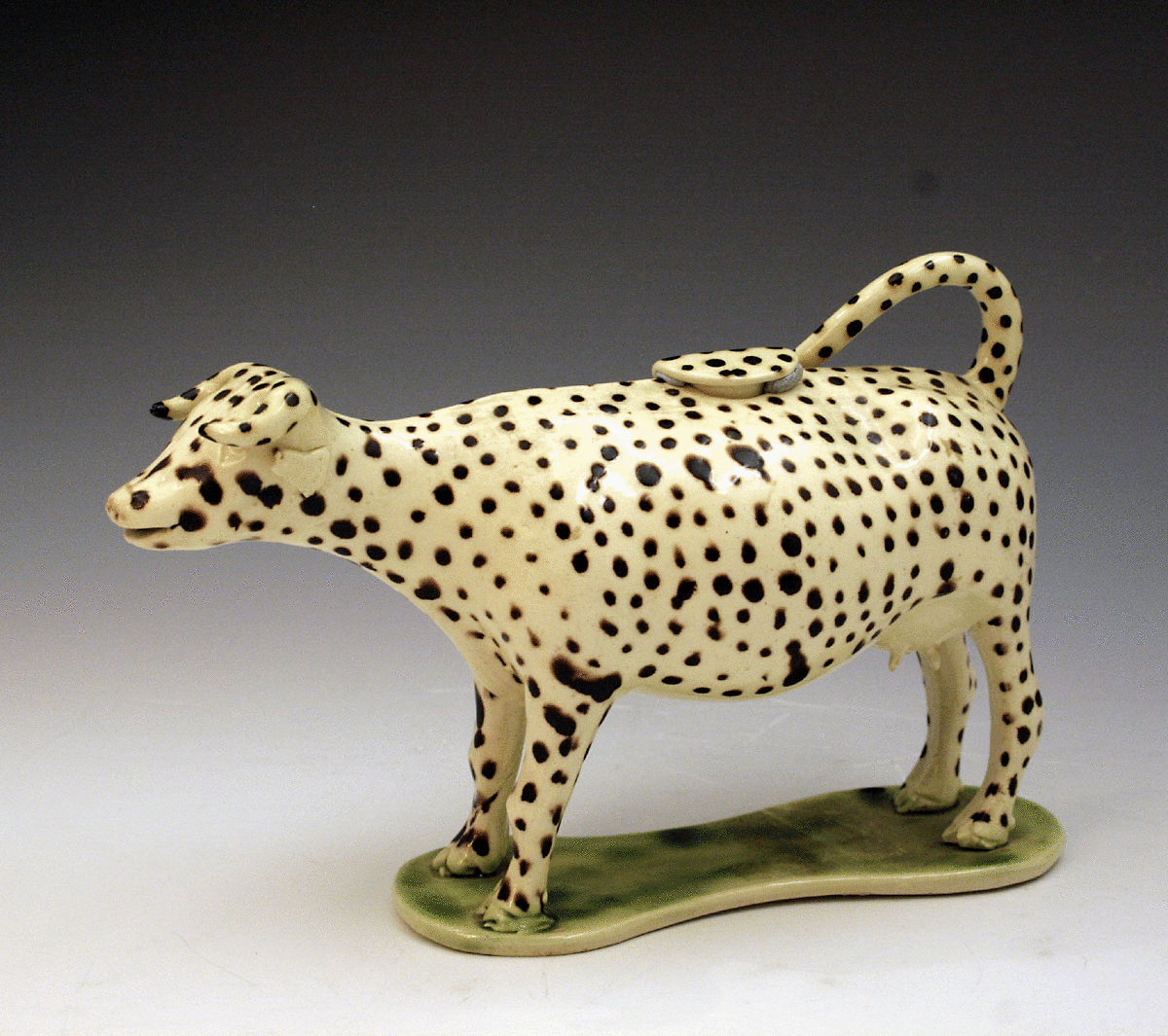 EARLY POTTERY COW CREAMER WITH SPOTS C1790/1800