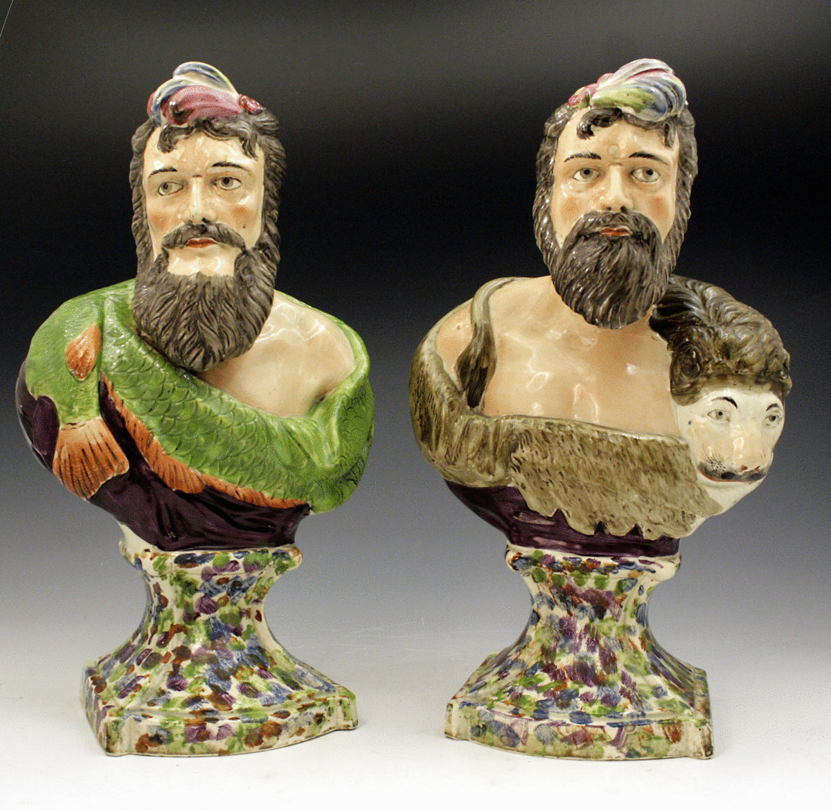 PAIR OF ANTIQUE STAFFORDSHIRE POTTERY FIGURES OF NEPTUNE AND HERCULES