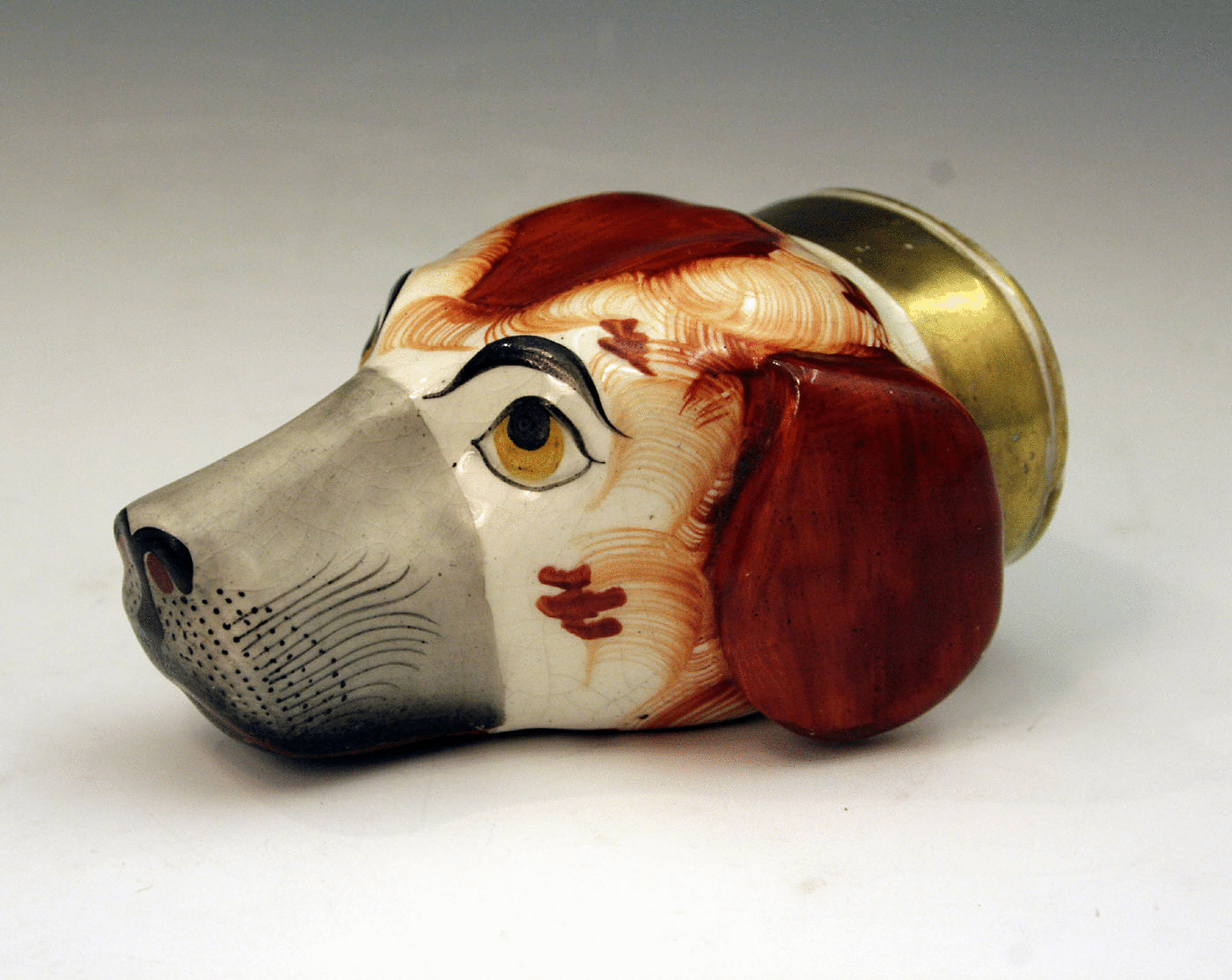 ANTIQUE STAFFORDSHIRE POTTERY SPANIEL HEAD STIRRUP CUP