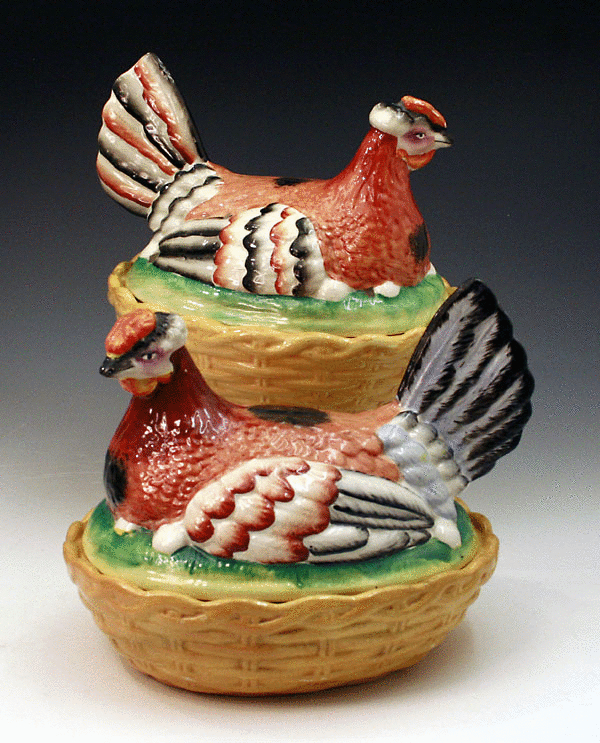ANTIQUE STAFFORDSHIRE POTTERY HENS ON NESTS. 19TH CENTURY