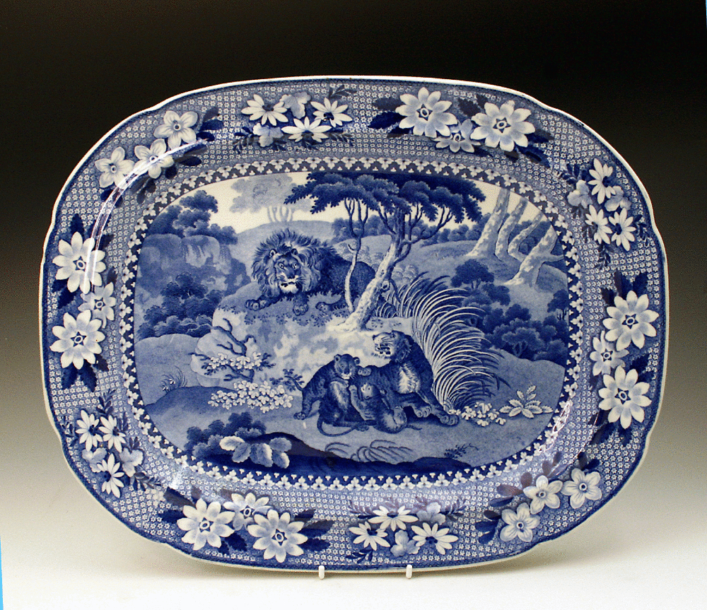 BLUE AND WHITE PLATTER WITH LIONS BY ADAMS C1820