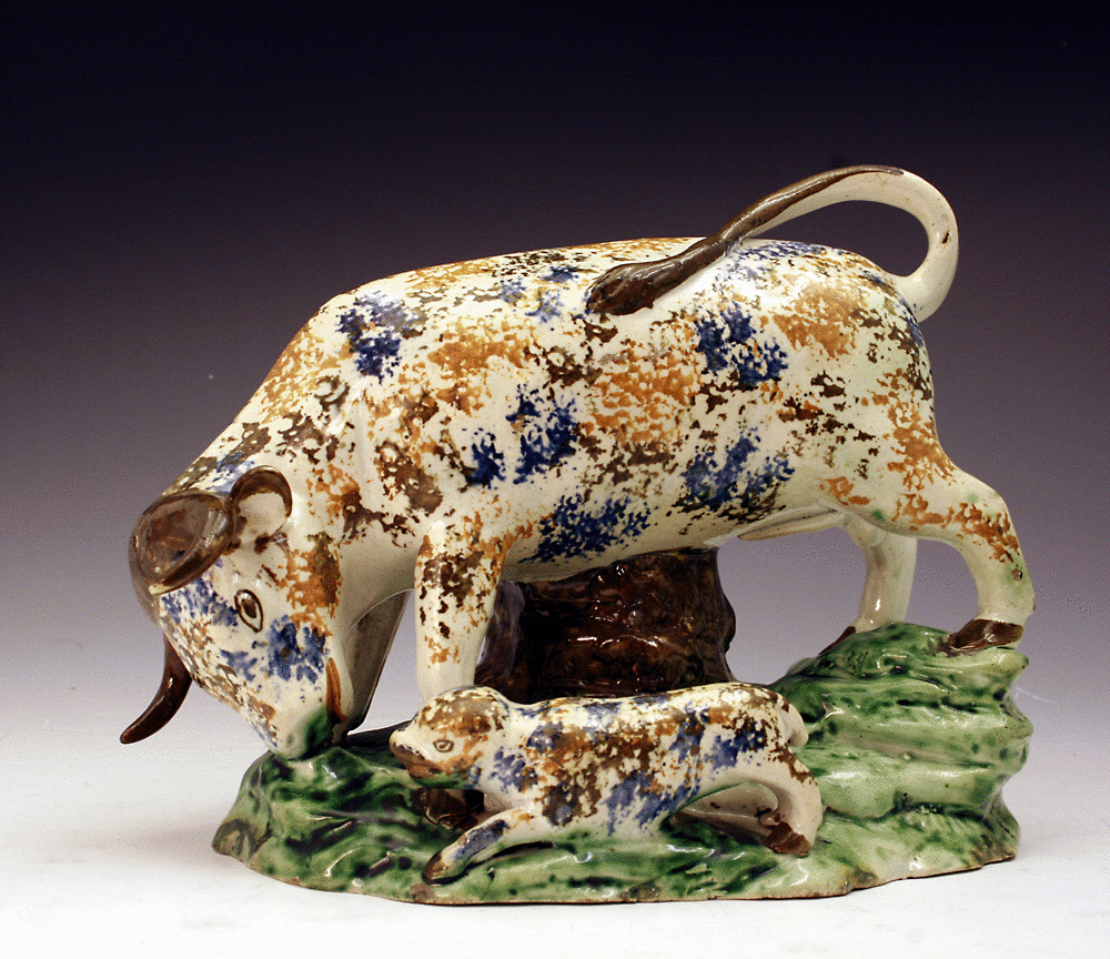 ANTIQUE PRATTWARE BULL BAITING FIGURE CIRCA 1790