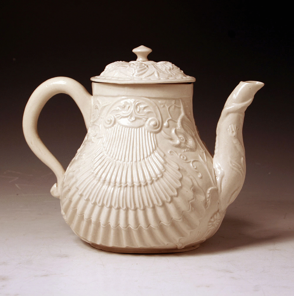 EARLY SALT GLAZE PECTIN SHAPED TEAPOT STAFFORDSHIRE 18THC