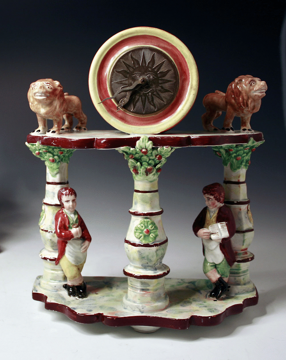 STAFFORDSHIRE POTTERY WATCH HOLDER WITH MASONIC FIGURES
