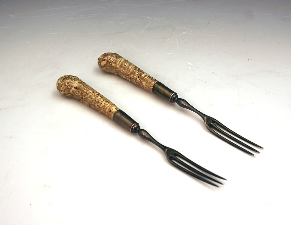 RARE PAIR OF AGATE WARE VARIAGATED POTTERY FORKS STAFFORDSHIRE