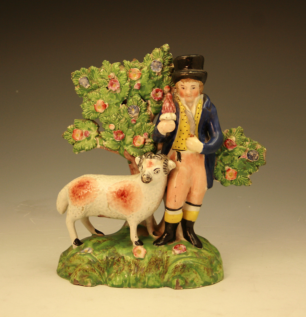 ANTIQUE STAFFORDSHIRE POTTERY FIGURE OF A FARMER AND  RAM
