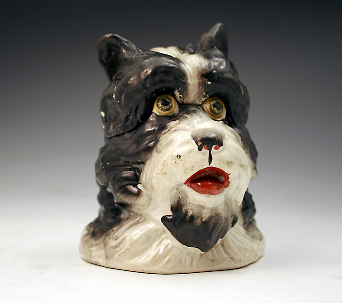 ENGLISH STAFFORDSHIRE POTTERY DOGS HEAD TOBACCO BOX