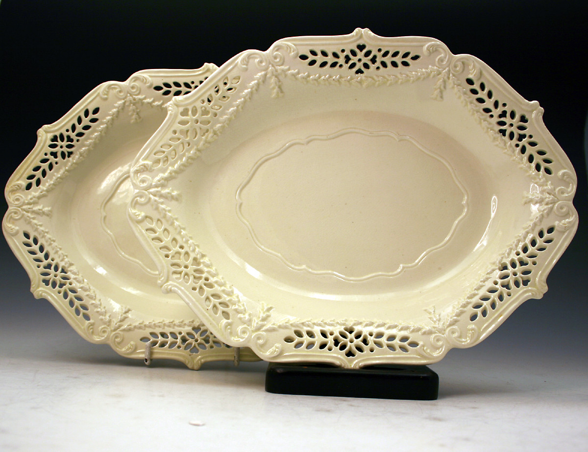 Antique English pottery creamware reticulated border dishes 18thc