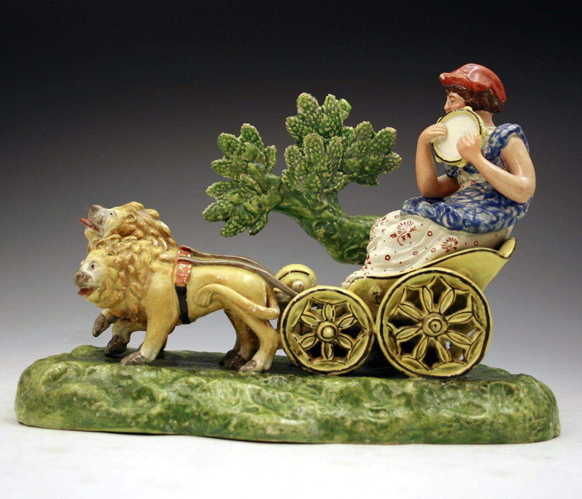 Antique English Staffordshire pottery figure of  Cybele in her chariot drawn by lions