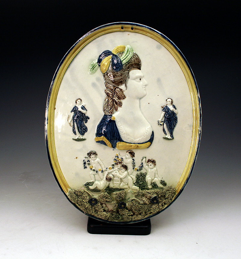 PRATTWARE PLAQUE RELIEF MOULDED WITH IMAGE OF SARAH SIDDONS THE ACTRESS.