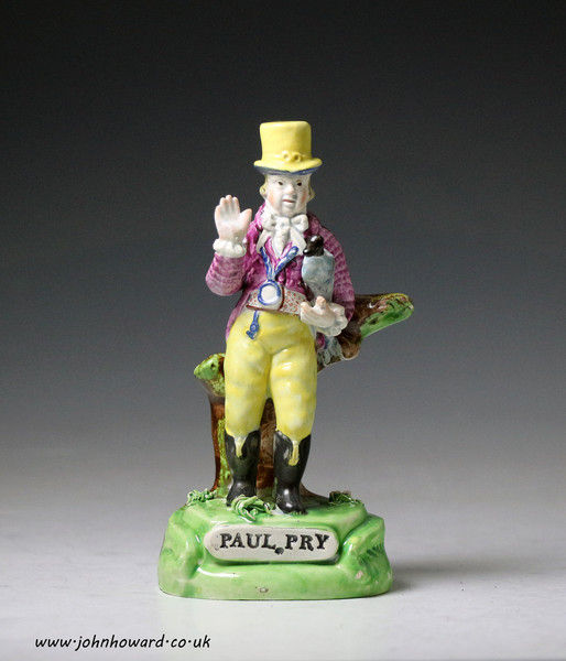 Staffordshire pottery pearlware figure titled Paul Pry, English antique period c1820