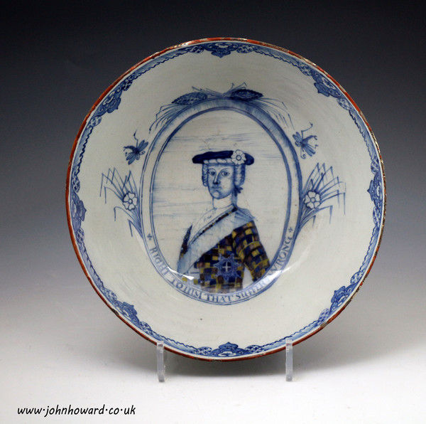 Jacobite delftware pottery  bowl with portrait of Bonnie Prince Charlie. Probably Glasgow c1760 period