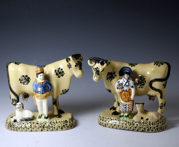 Antique Yorkshire pottery figures of cows with attendants c1810 period England