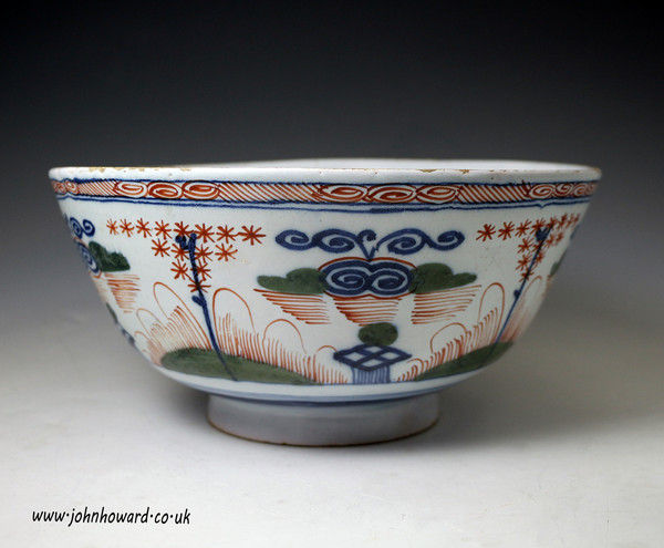 Antique English delftware Bowl with polychrome decoration.Probably Chilwell London c1715