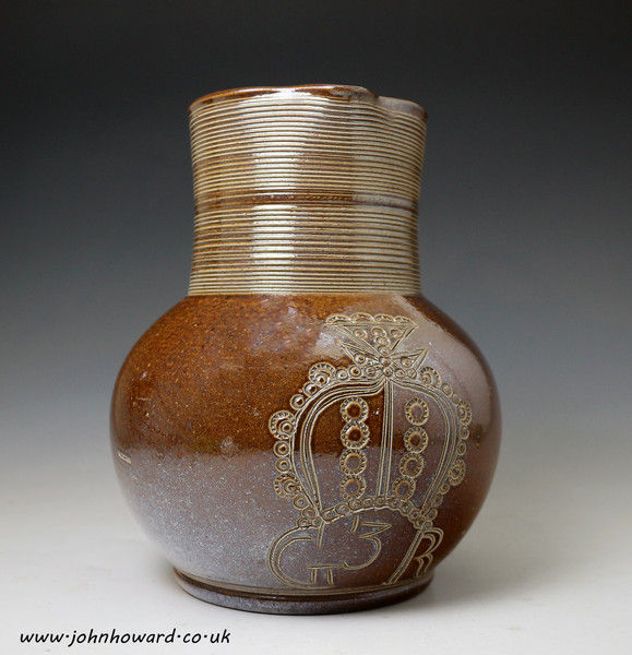 NOTTINGHAM STONEWARE SALT GLAZE ALE JUG INSCRIBED WITH CROWN AND  G3R ( King George 111)