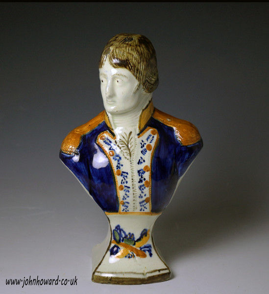 Antique English pottery bust of Napoleon Bonaparte in Prattware early 19th century
