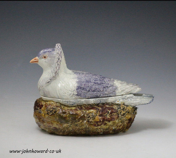 Antique Staffordshire pottery pearlware tureen in the form of a dove on nest, early 19th century England.