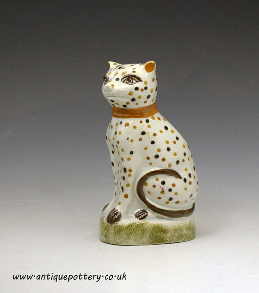 Antique prattware pottery figure of a spotted cat made late 18th century England