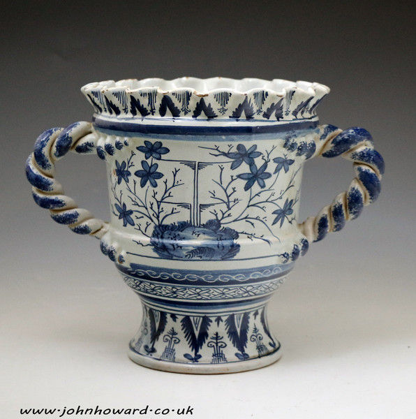 English delftware vase with handles Bristol early 18th century