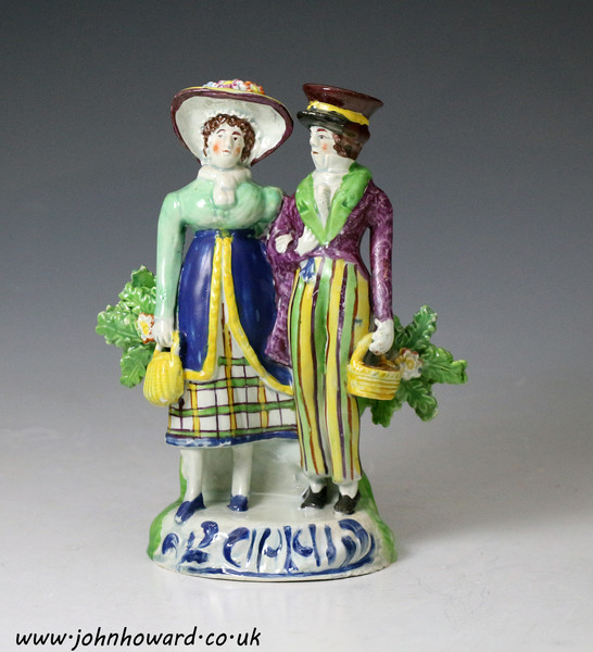 Antique English pottery pearlware figure of the Dandies, Staffordshire c1820