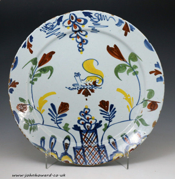 English delftware charger with image of squirrel, Bristol delftworks period mid 18th century