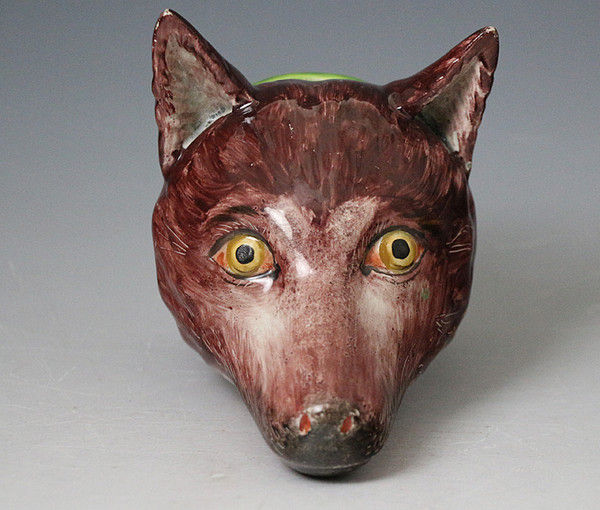 Fox Head pearlware pottery stirrup cup early 19th century Staffordshire.