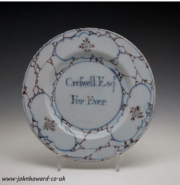 English delftware plate inscribed 