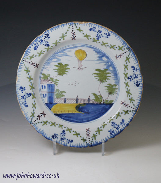 English delftware pottery plate commemorating the balloon accent of Lunardi in 1784