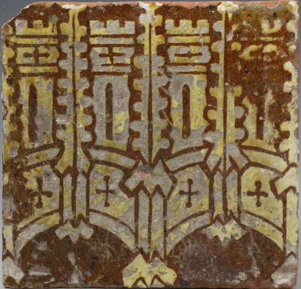 English Medieval tile slip decorated with turrets and pinnacles.Malvern Abbey England