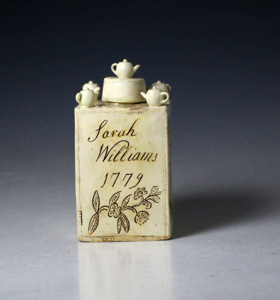 Creamware pottery tea caddy named and dated Sarah Williams 1779
