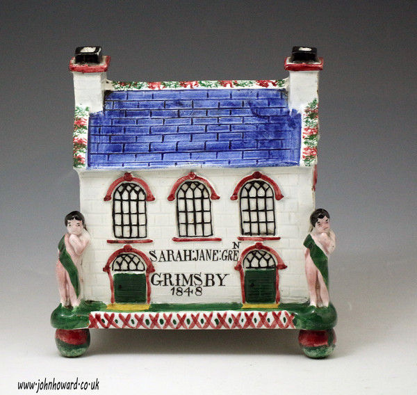 Yorkshire pottery Wesley Chapel Money bank named and dated Sarah Jane Green, Grimsby, 1848