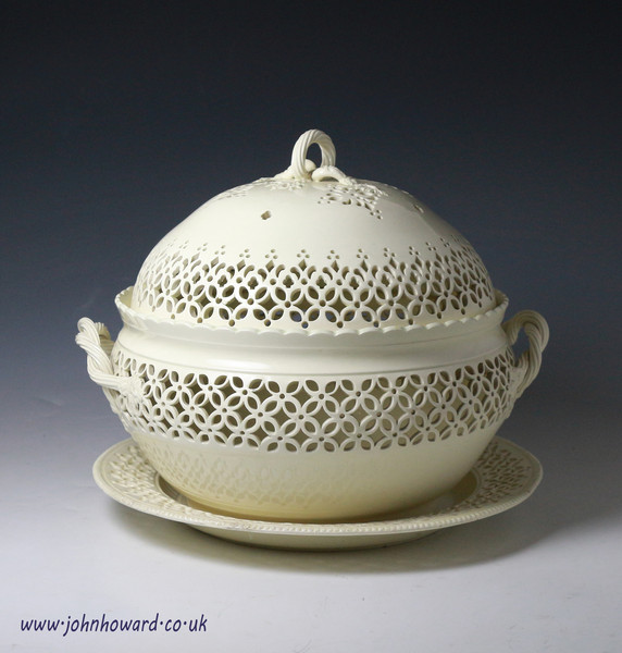 Antique Leeds Creamware pottery basket with cover and stand late 18th century England