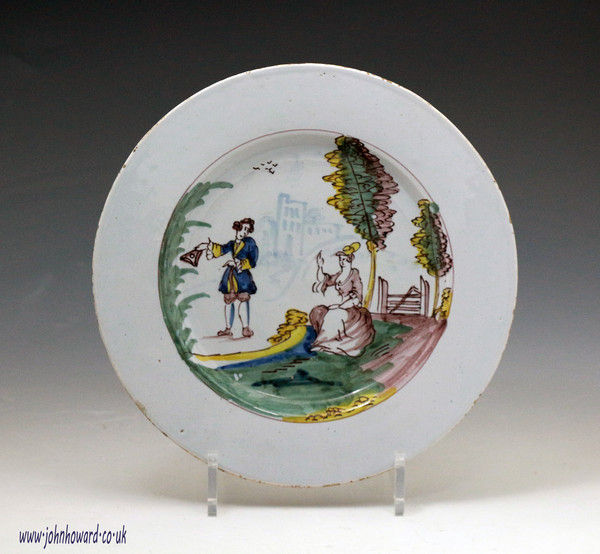 English delftware plate with figures in landscape probably 18th century Liverpool 