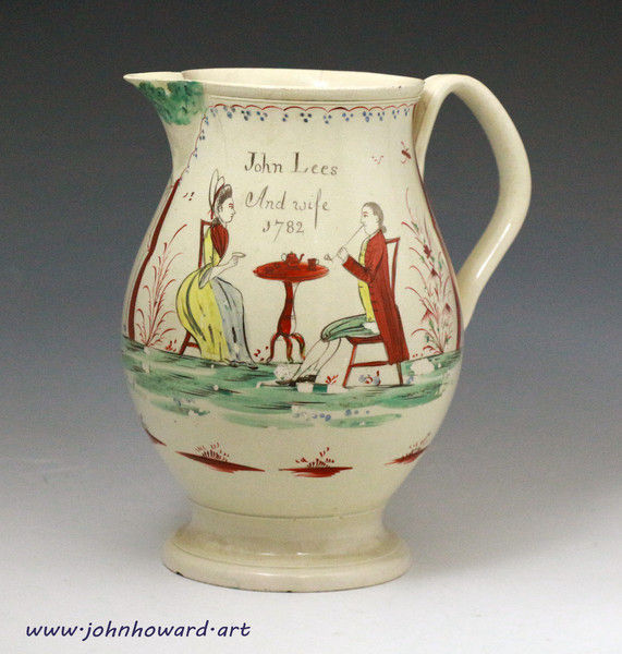 English creamware pottery pitcher named and dated John Lees and Wife 1782